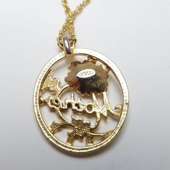 Vintage Mother Pendant Necklace, Floral Design Pink Rhinestone, Gold Tone Chain - Picture 5 of 7